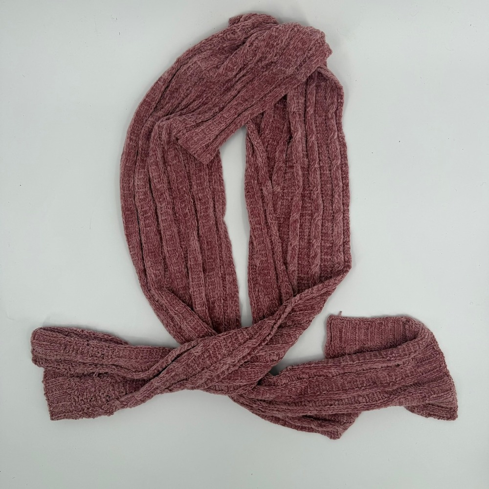Fownes Scarf Chenille Knit 90s Vintage Womens OS Mauve Pink Ribbed Cable Texture